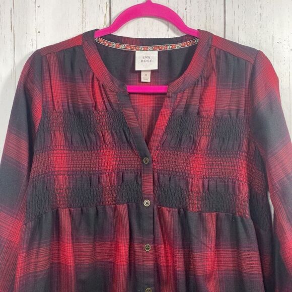 Knox Rose Womens Plaid Long Sleeve Smocked Shift Button Front Red Midi Dress - Picture 7 of 15